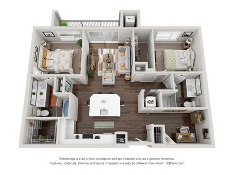 Floor plan for 2 beds, 2 baths, 1155 sqft